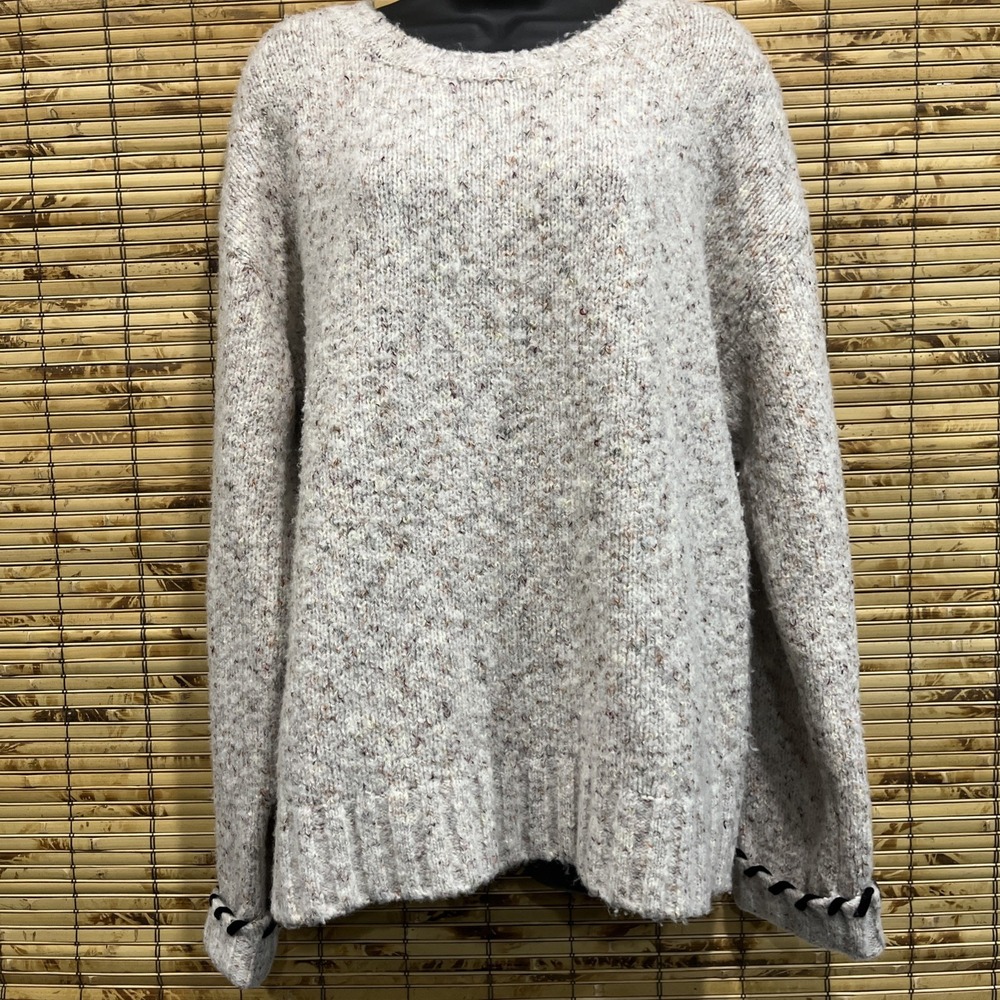Skies Are Blue Sweater Womens L Beige Marled Knit Whipstitch Cuff Soft Girl Cozy